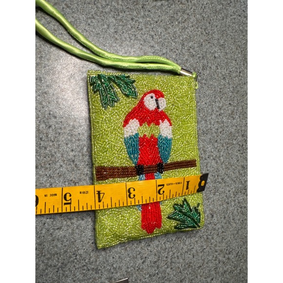Vintage Style Hand Beaded Parrot Wristlet Pouch Lime Green Tropical Macaw Bag - Picture 6 of 6